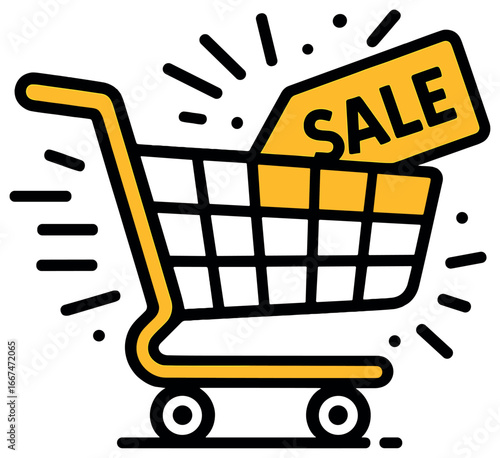 Dynamic shopping cart vector: sale, discount, retail promotion, e-commerce concept