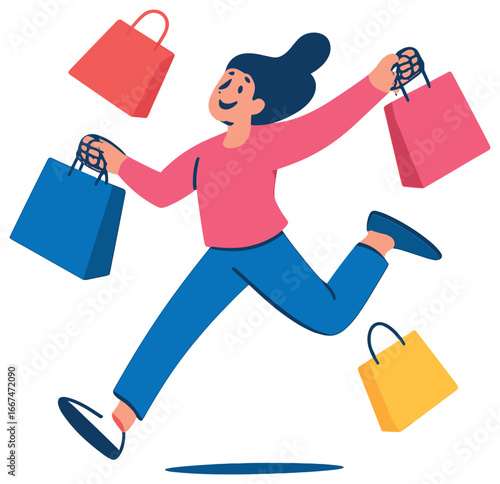 Joyful shopper vector: happy shopping, fun retail, festive sale leap on black friday
