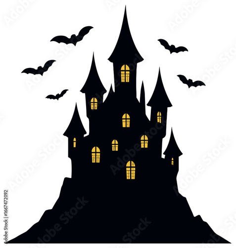 Haunted castle vector illustration: spooky halloween night scene with glowing windows