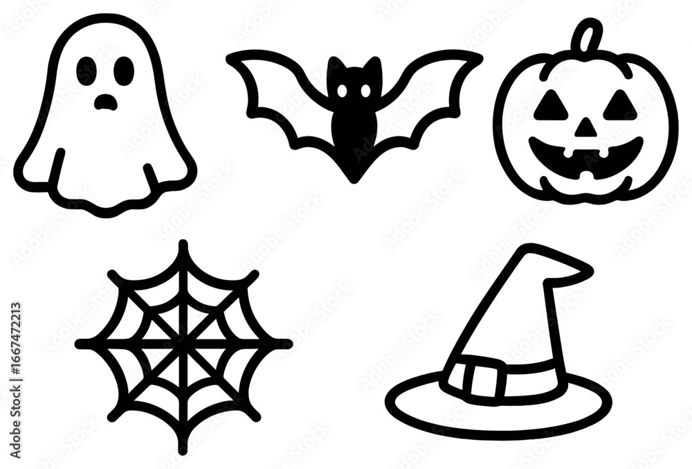 Fototapeta premium Minimalist halloween icons vector: ghost, bat, pumpkin, spider web, witch hat designs