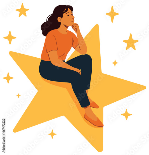 Dreamer vector, golden star contemplation, night sky imagery, inspiration concept art