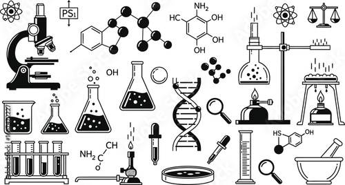 Black and white vector illustration of various science lab equipment and chemistry elements icons set