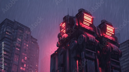 Neon Lit Urban Farming Scene at Rainy Evening with High Fidelity Details