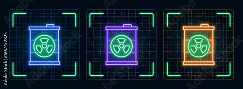 Radioactive barrel icon icon illustration, ecology green environment vector symbol collection, cyber neon visual, glowing borders frames.