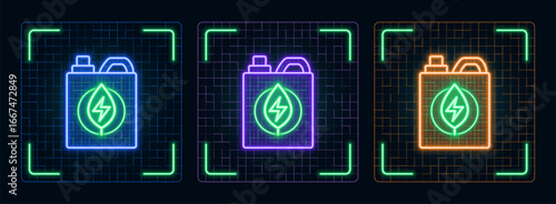 Biofuel icon illustration, ecology green environment vector symbol collection, cyber neon visual, glowing borders frames.