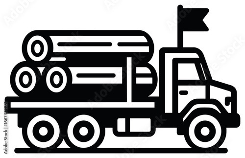 Log truck icon vector - timber transportation, forestry vehicle, black and white design