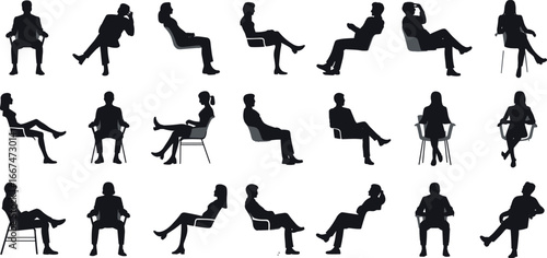 Silhouettes of men and women sitting in chairs, various postures and poses, ideal for business, office, lifestyle, or ergonomic design projects.