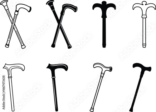 Collection of Antique and Modern Walking Canes and Sticks in Black and White.