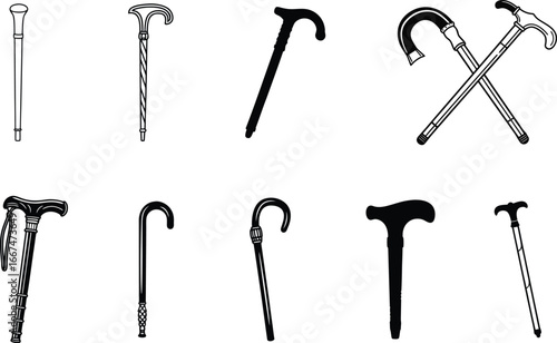 Collection of walking sticks and canes illustrating various designs and styles.