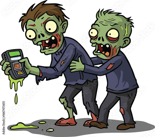 Cartoon zombies holding electronic device with green slime, funny horror illustration, creepy undead characters, comic artwork, scary humor, monster digital gadget