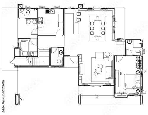 2D Residential Furniture Layout Plan Vector – Living Room, Bedroom, Kitchen