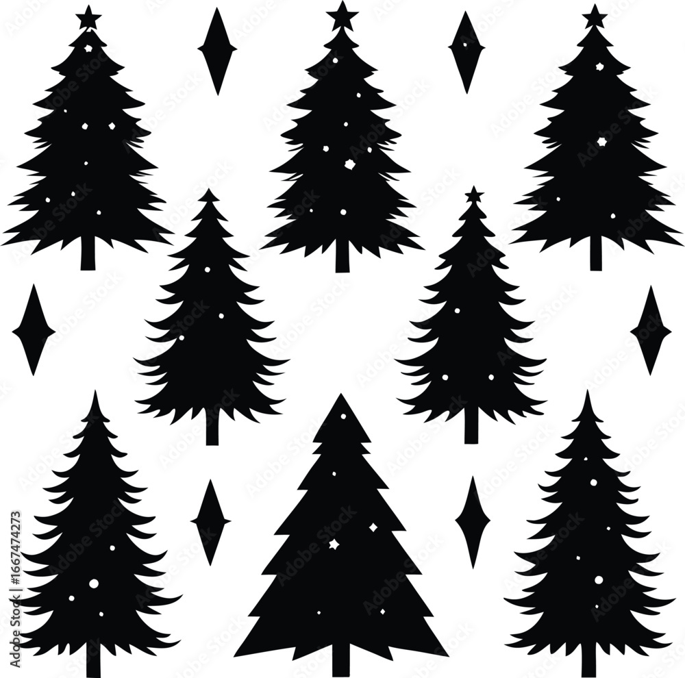 Obraz premium Black Silhouette Christmas Trees and Diamonds on White Background vector illustration