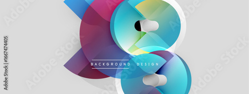 Abstract shapes overlap, creating vibrant color gradients. Modern design features flowing lines, soft shadows, light background.
