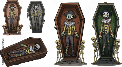 Creepy zombie clown in coffin with skeletons, undead horror cartoon illustration, spooky Halloween monster artwork, scary graveyard death scene design