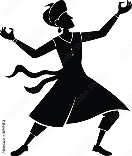 Black Silhouette of a Dancer in a Flowing Dress on White Background dancing