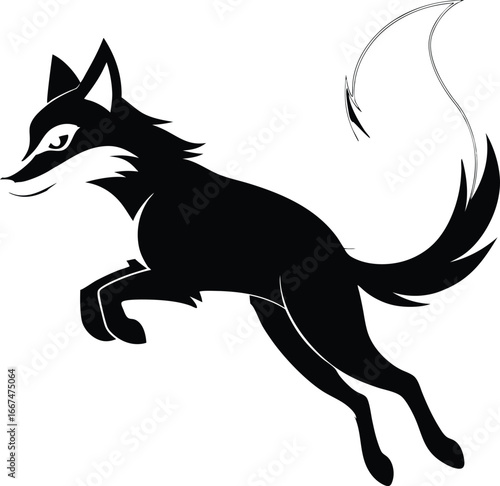 Black silhouette of a jumping fox with a bushy tail on a white background running animal