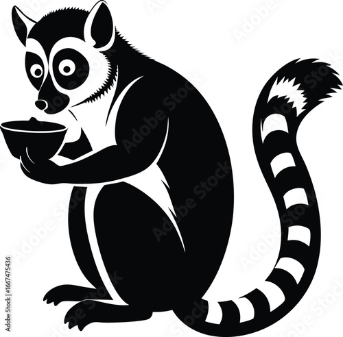 Black silhouette of a ring-tailed lemur holding a bowl of food on a white background animal black and white