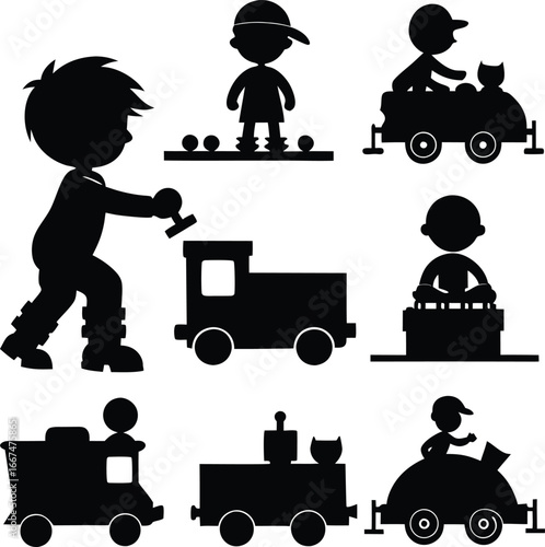 Black Silhouettes Of Children Playing With Toy Trains And Blocks toys