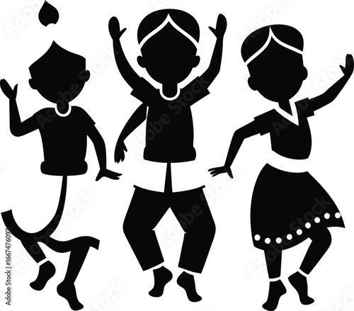 Black silhouettes of three children dancing with diverse hairstyles on white background kids movement