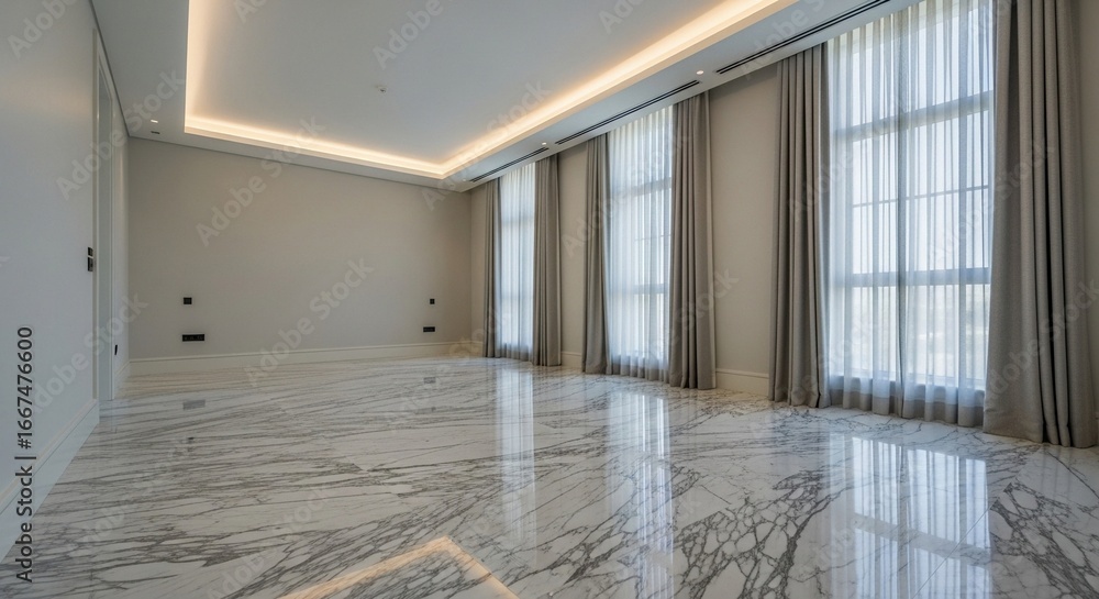 Fototapeta premium Modern Minimalist Interior Featuring Marble Flooring and Large Windows With Curtains