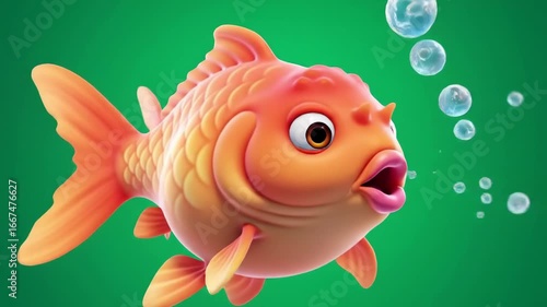 Animated Goldfish Swimming on Green Background Cartoon