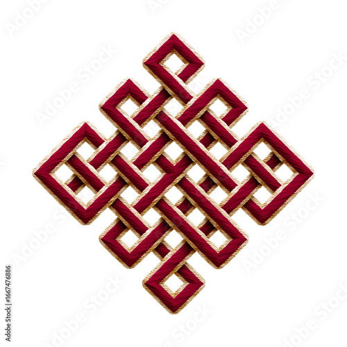 Lucky Endless Knot with Hanging Horse Charm — Red and Gold Monoline Vector Icon