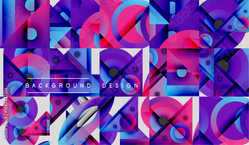 Abstract geometric pattern. Vivid purple, pink, blue hues create dynamic composition. Modern design elements overlap, forming complex visuals.