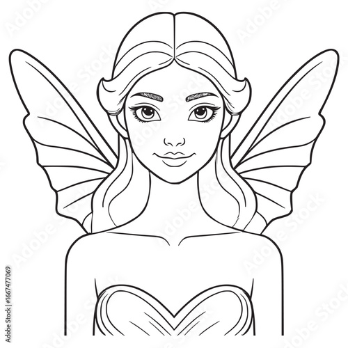 Clean outline drawing of a beautiful nymph with little wings minimalistic design for coloring page