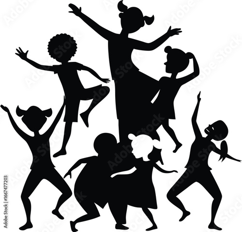 Diverse group of children silhouettes dancing and celebrating on white background kids celebration