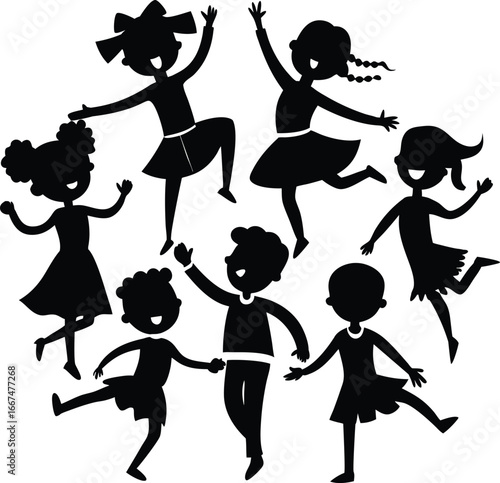 Diverse group of children silhouettes dancing joyfully in a circle on white kids