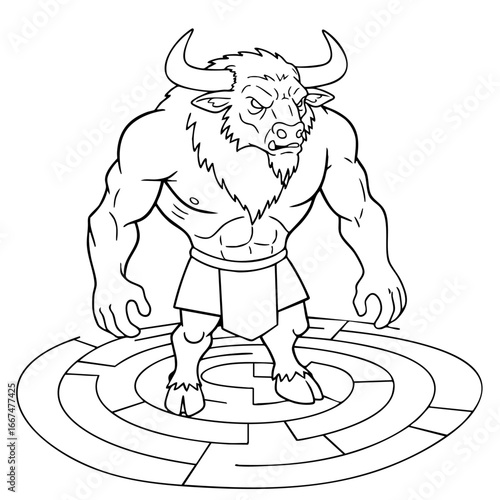 Clean outline drawing of a formidable minotaur navigating a labyrinth minimalistic design for coloring page