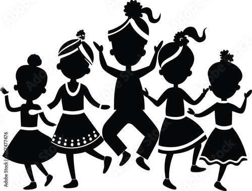 Five children silhouettes in a lively dance pose on white background kids dancing
