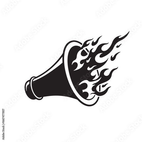 Black and white graphic illustration of a megaphone with flames erupting from its mouthpiece