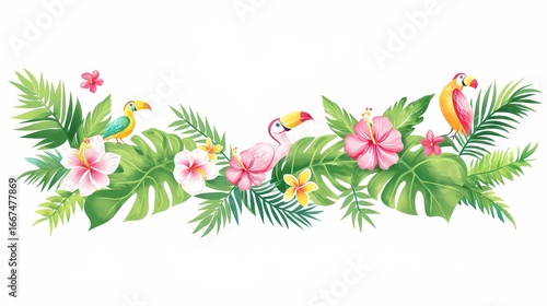 Elegant vector border featuring colorful tropical bir