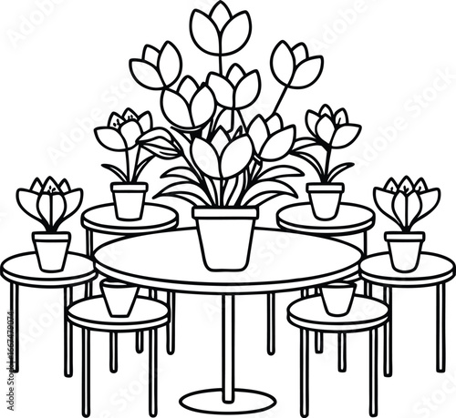 Outline Drawing of Tulip Flower Arrangement on Tables and Chairs floral