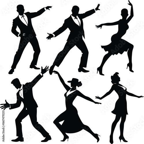 Silhouette dancers in formal attire performing dynamic poses on white background dancing formal wear
