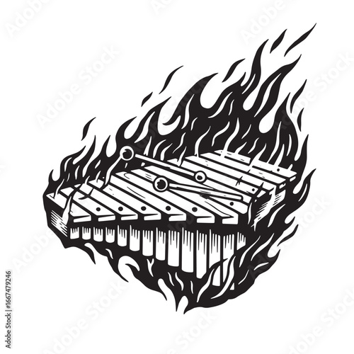 Black and white illustration of a burning xylophone with flames and percussion sticks
