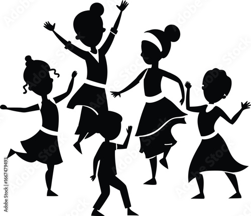 Silhouette of five children dancing and celebrating with raised arms on white background kids
