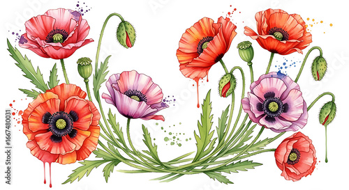 Watercolor illustration of red and pink poppies with green leaves