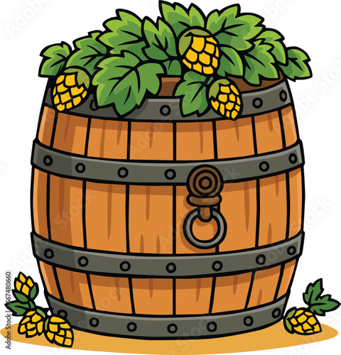 Wooden beer barrel with metal rings decorated with fresh green hop leaves and hop cones, rustic keg for brewery, pub, tavern, oktoberfest celebration, harvest season, and traditional beer festival
