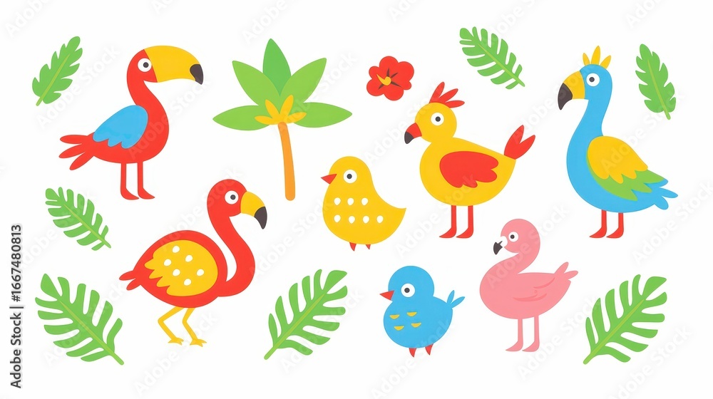 Fototapeta premium Seamless funny vector pattern with toucan flamingo pa