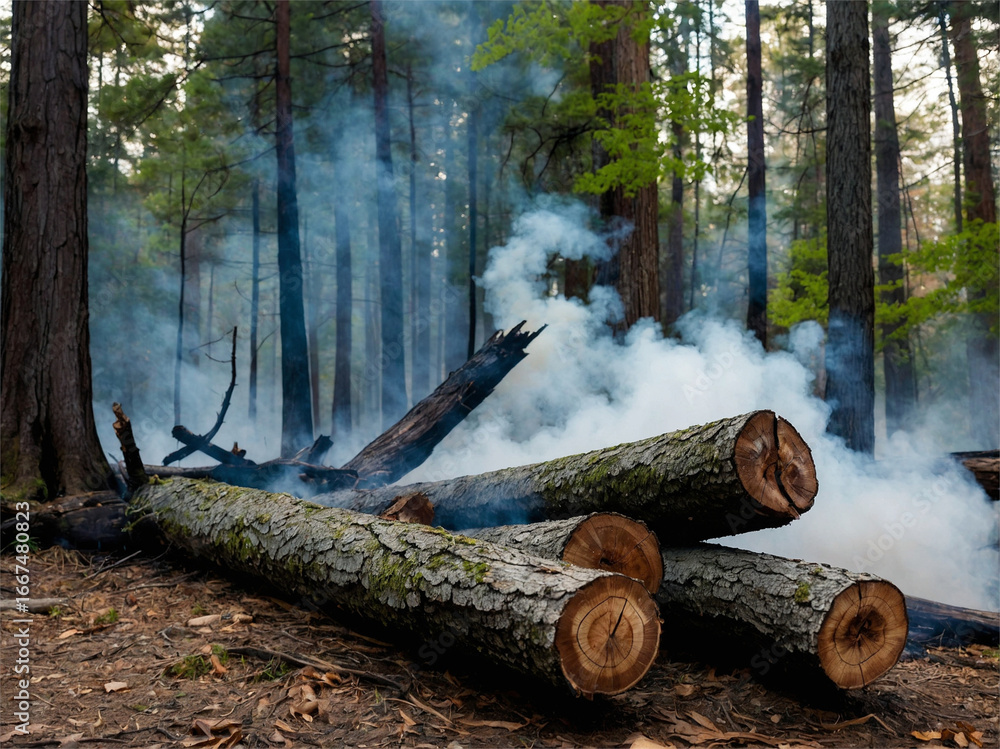 Obraz premium Burnt Forest with Smoking Logs After a Wildfire in Tranquil Woodland