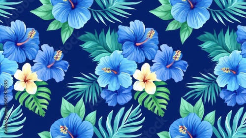 Wallpaper Mural Seamless pattern of hibiscus flowers in soothing blue Torontodigital.ca