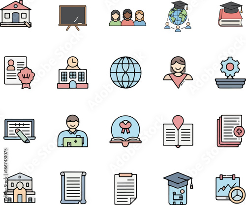A collection of 20 colored icons in a modern outline style, themed around education, school, and graduation. This icon set features various academic and learning symbols such as graduation caps