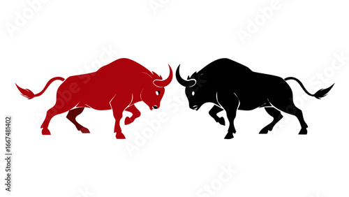 A powerful red bull with a determined stance and curved horns is depicted in a minimalist illustration against a stark black background