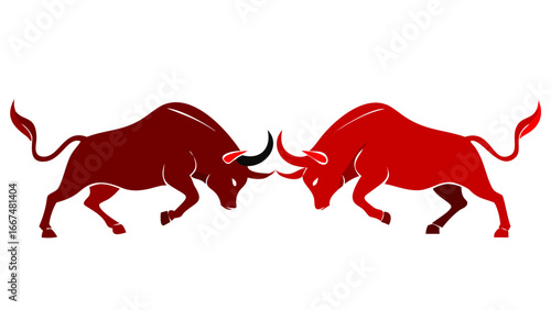 Two powerful red bulls facing off in a fierce confrontation with lowered heads and sharp horns ready to charge against a stark black background