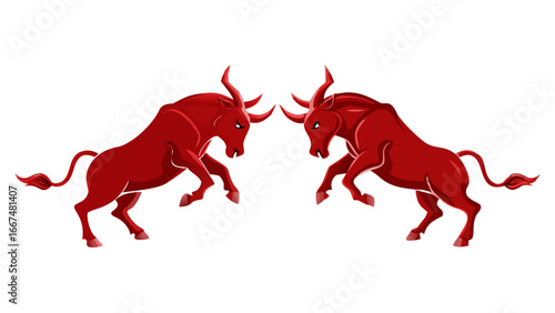 Two powerful red bulls facing each other in a confrontational stance with horns lowered ready to charge against a stark black background symbolizing strength and aggression