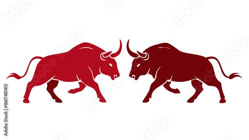 Two powerful red bulls facing each other in a confrontational stance on a stark black background symbolizing strength and competition
