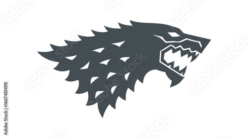 Stylized dark grey wolf head emblem with sharp teeth and fur detail on a black background representing strength and ferocity