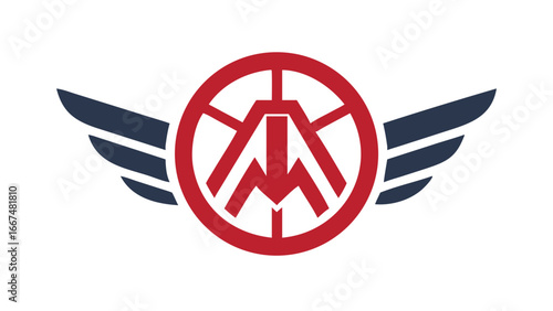 Stylized emblem featuring a red circular design with a stylized letter m inside and dark blue wings on a black background representing power and achievement